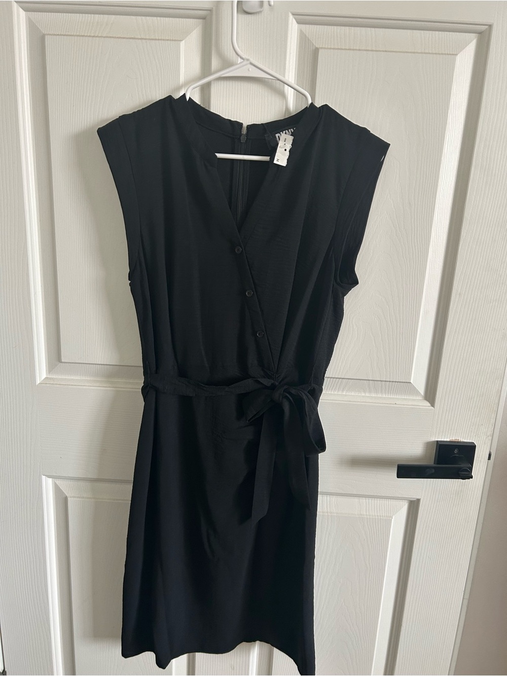 Classic Black Sleeveless Faux Wrap Dress with Tie Waist